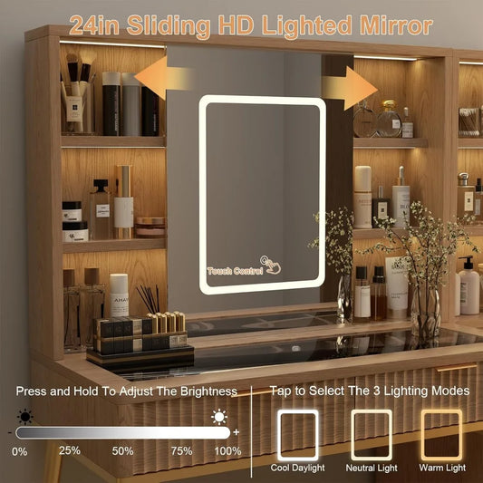 48" Fluted Makeup Vanity Desk with Sliding Mirror