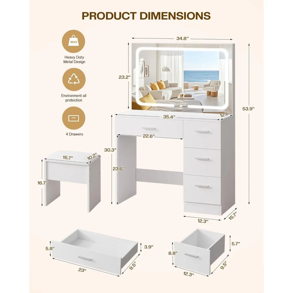 "White Vanity Desk w/ LED Mirror