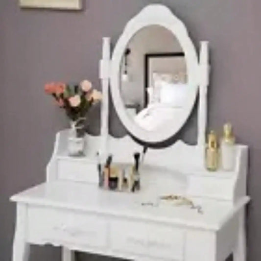 Makeup Vanity Table Set W/ 4 Drawers Oval Mirror Girls Dressing Table White