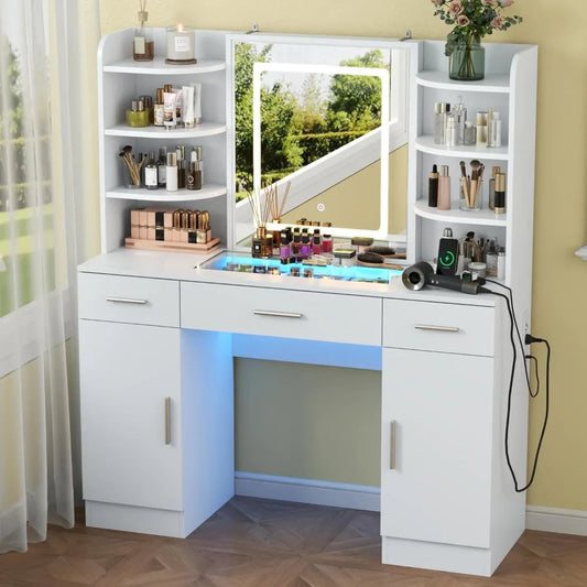 Vanity Desk with Lighted Mirror & Power Outlet