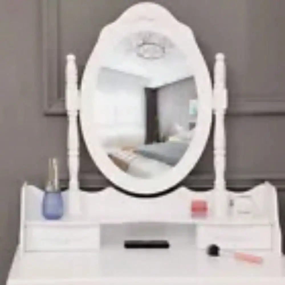 Makeup Vanity Table Set W/ 4 Drawers Oval Mirror Girls Dressing Table White