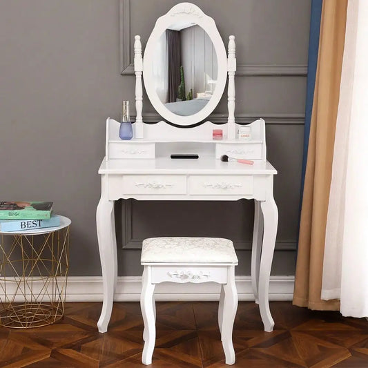 Makeup Vanity Table Set W/ 4 Drawers Oval Mirror Girls Dressing Table White