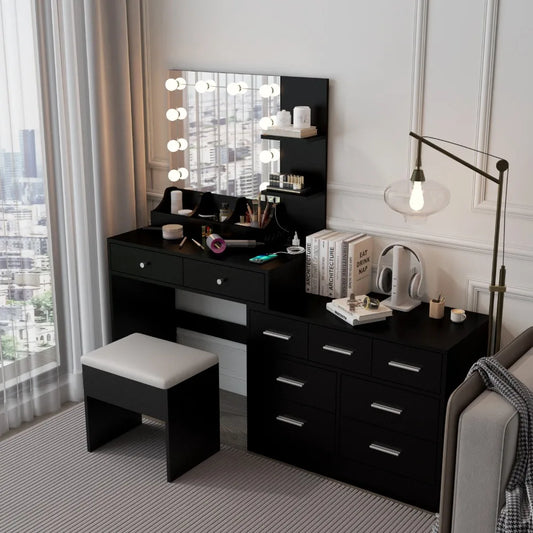 Vanity Table Set Mirror 9 Drawers Dresser Desk