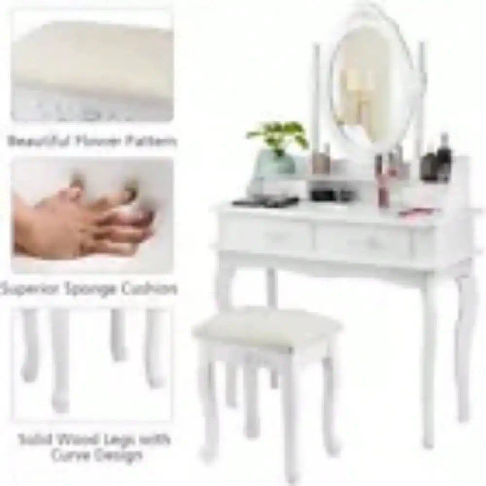 Makeup Vanity Table Set W/ 4 Drawers Oval Mirror Girls Dressing Table White