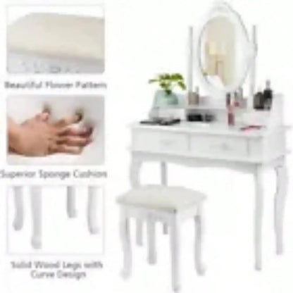 Makeup Vanity Table Set W/ 4 Drawers Oval Mirror Girls Dressing Table White