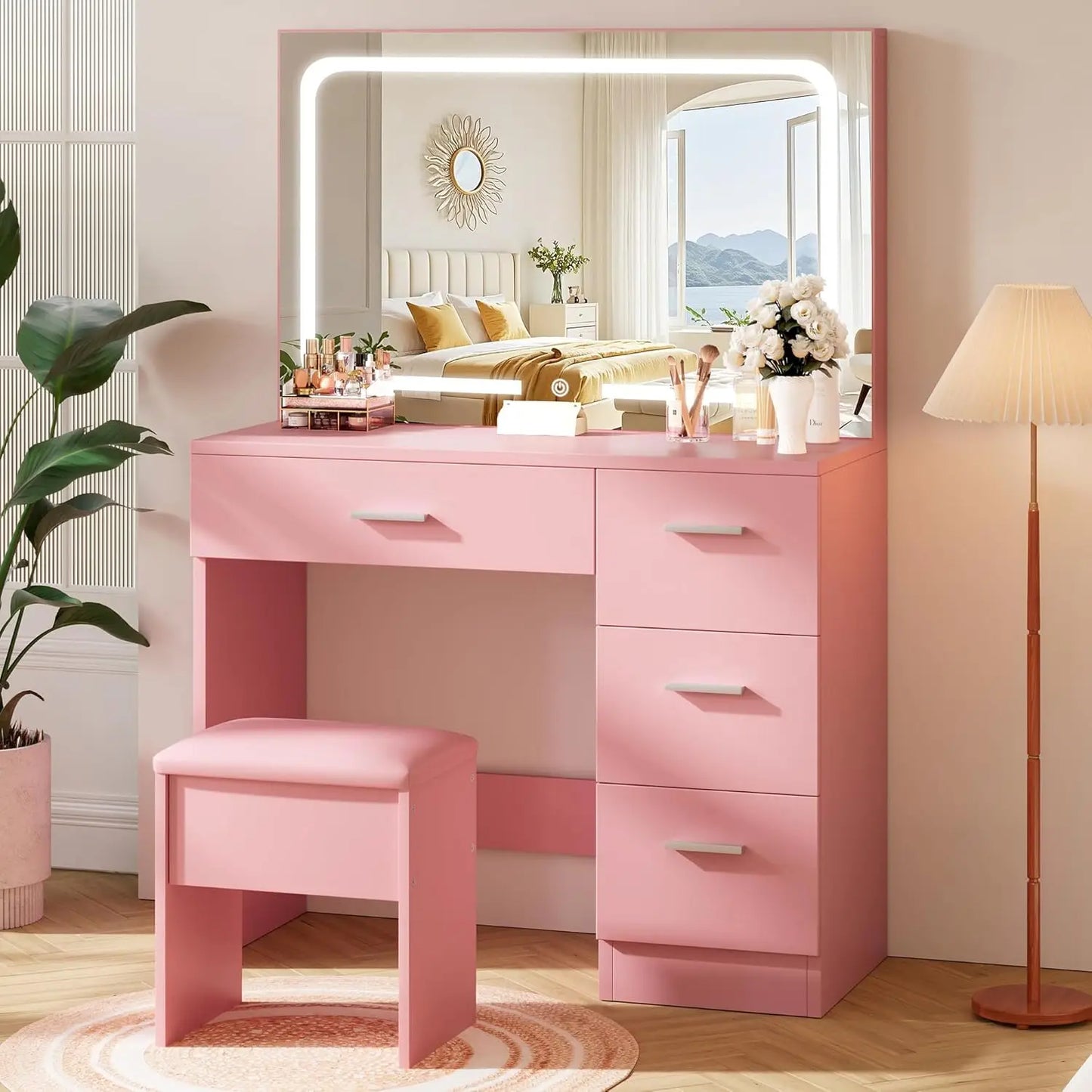"White Vanity Desk w/ LED Mirror