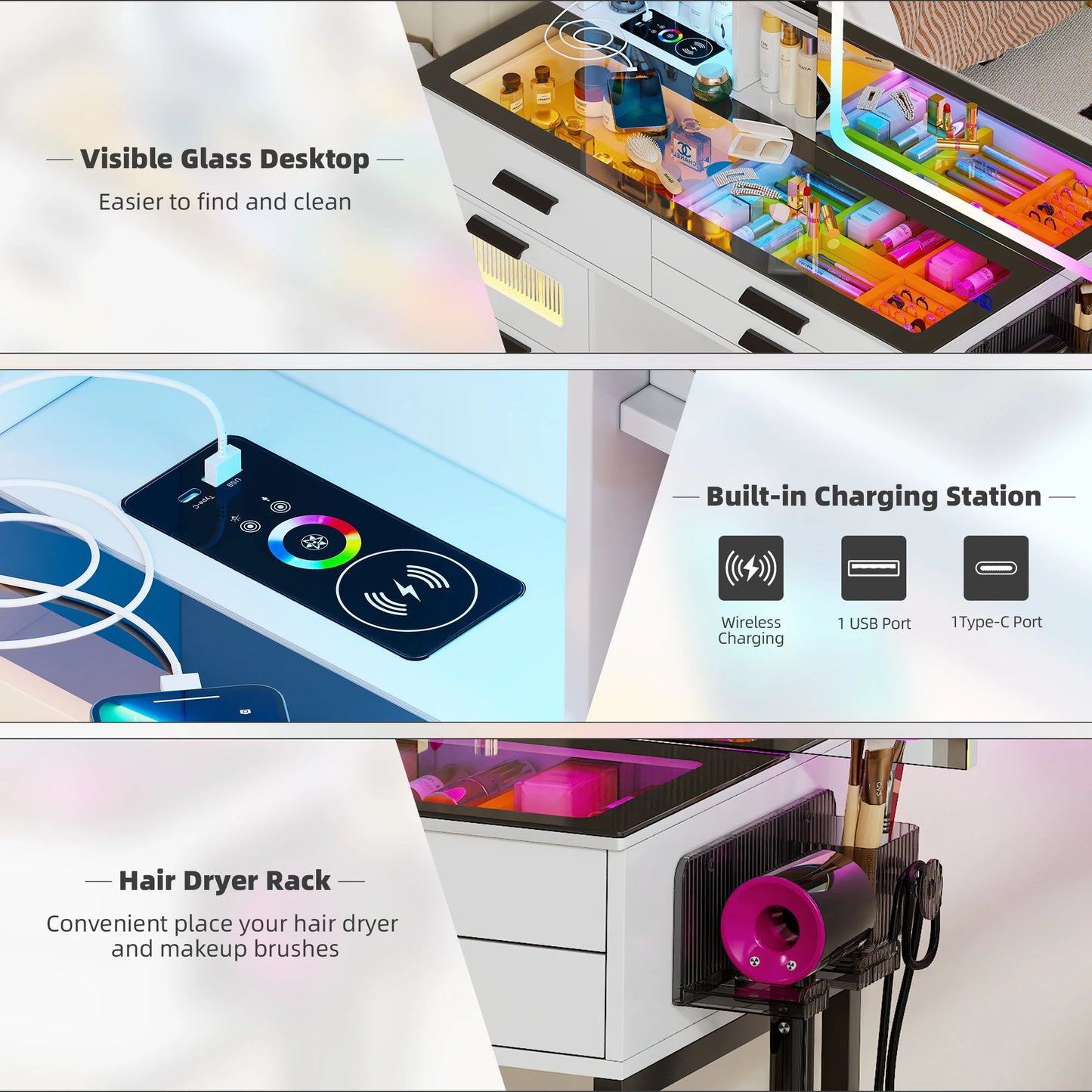 JDPAG RGB Vanity Desk with Sliding Mirror
