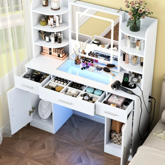 Vanity Desk with Lighted Mirror & Power Outlet