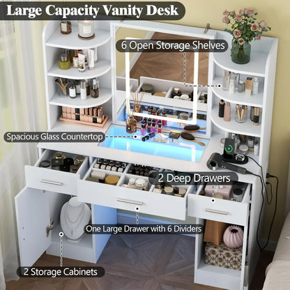 Vanity Desk with Lighted Mirror & Power Outlet
