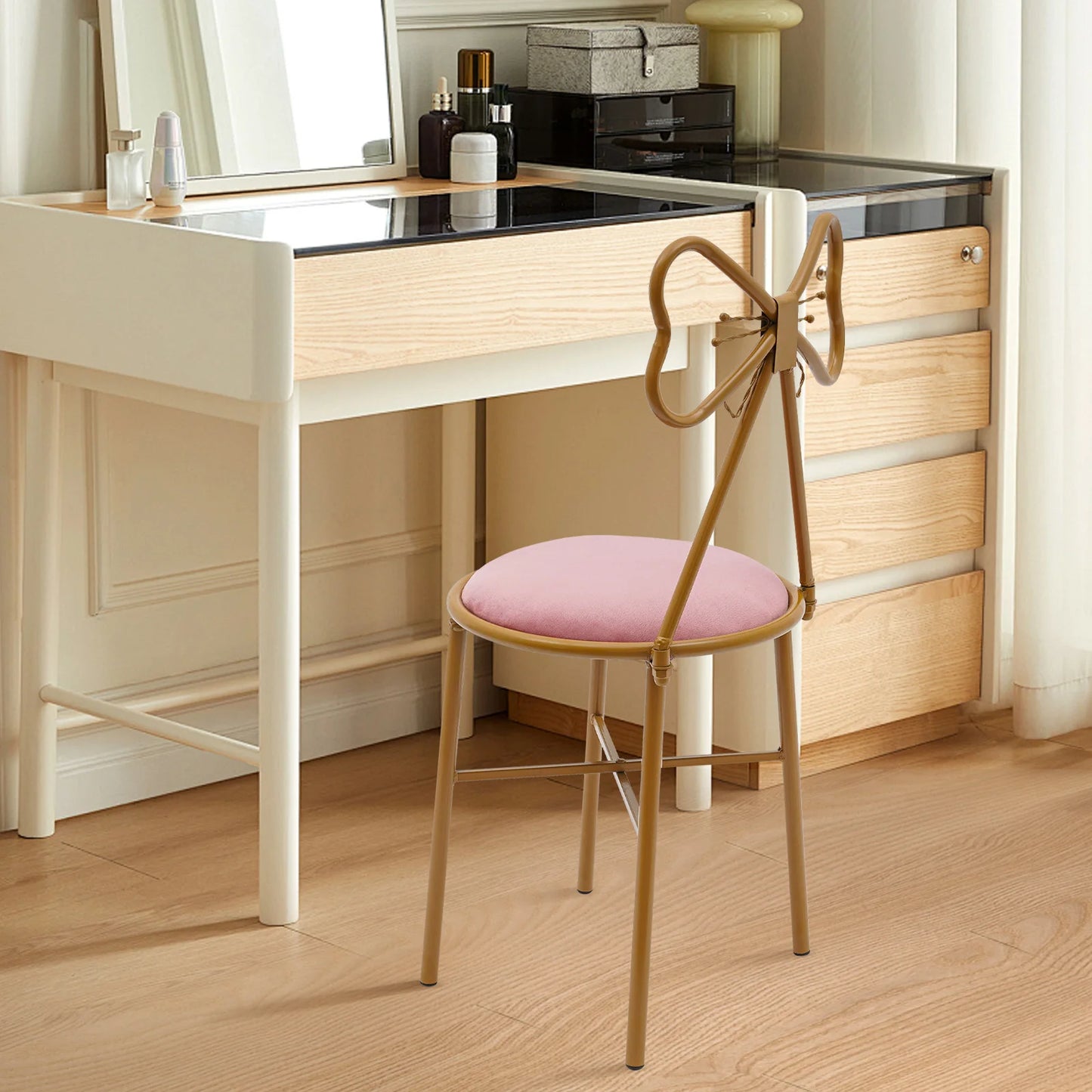 Butterfly Backrest Makeup Chair Pink Tie Vanity