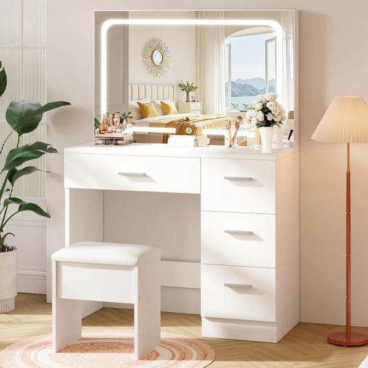 "White Vanity Desk w/ LED Mirror